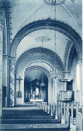 Uggerløse Kirke interiør ca. 1910 - Billede 43 Det gamle interiør med bemaling i stor stil.